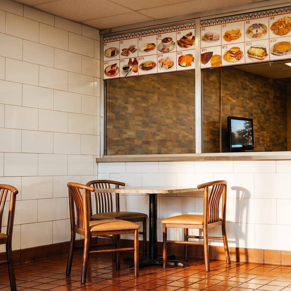 Empty diner interior with white tiled walls, brown tiled floor, wooden chairs, and a food menu above a service window.