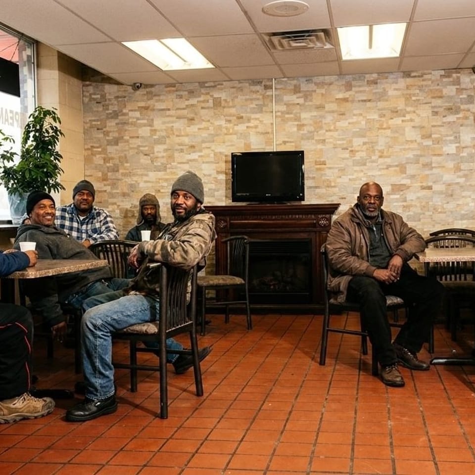 Six men in casual attire are seated at tables in a restaurant dining area.